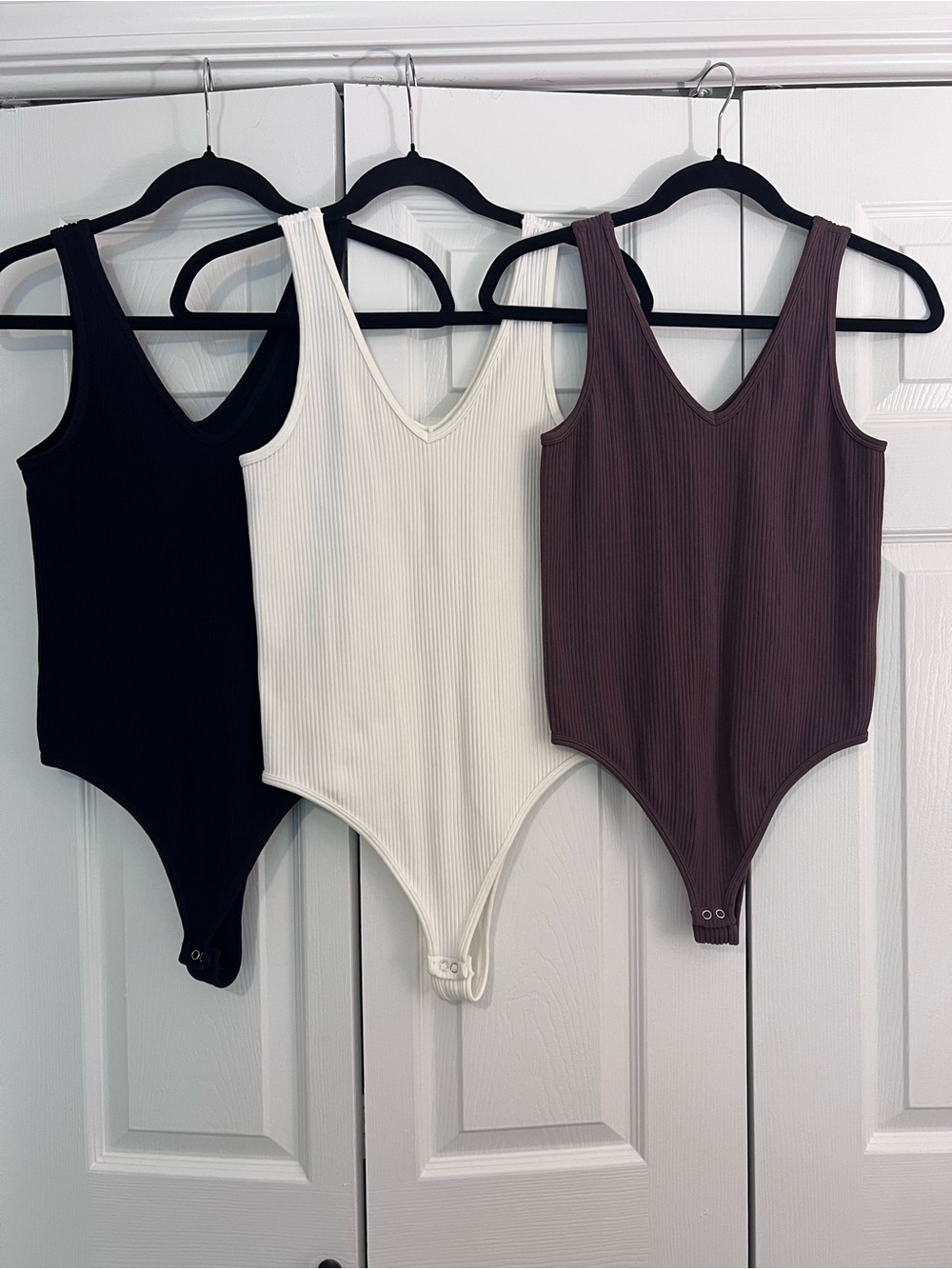 Gypsy + Jade Ribbed V-Neck Bodysuits - Black, White & Brown